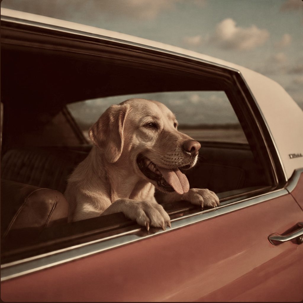 Happy labrador enjoying the breeze out of a vintage red Cadillac window on a hot day.