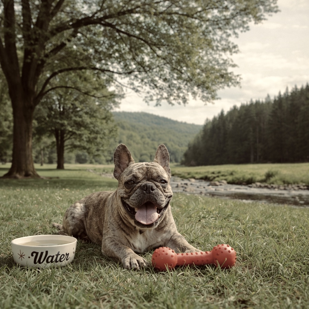 French Bulldog panting heavily in the park shade, showing early signs of overheating and heatstroke.