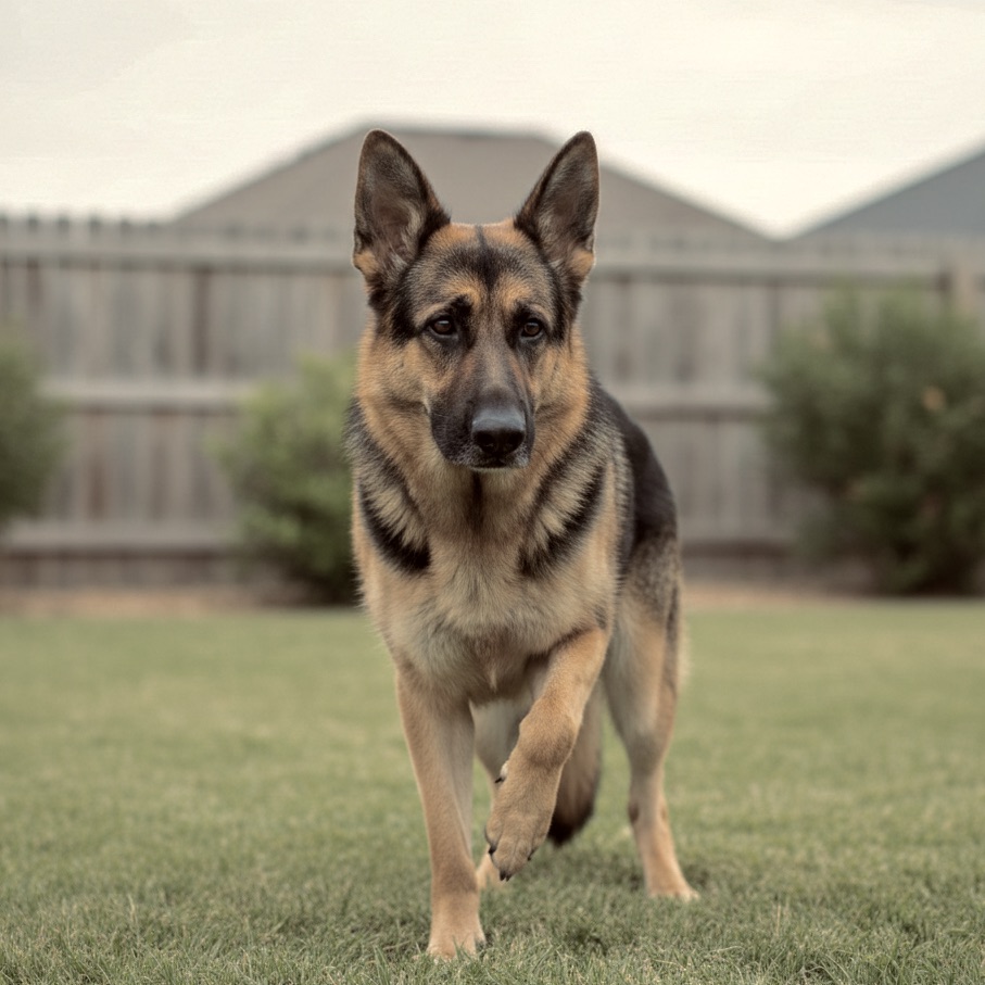 A German Shepherd dog standing on a lawn, noticeably lifting its front paw to avoid putting weight on it, showing a clear sign of limb pain or injury.