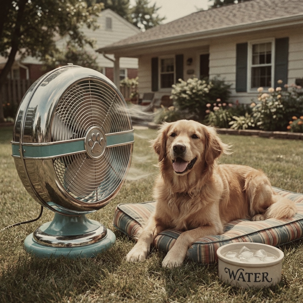 Golden Retriever relaxing in front of a powerful portable dog fan or circulation fan.