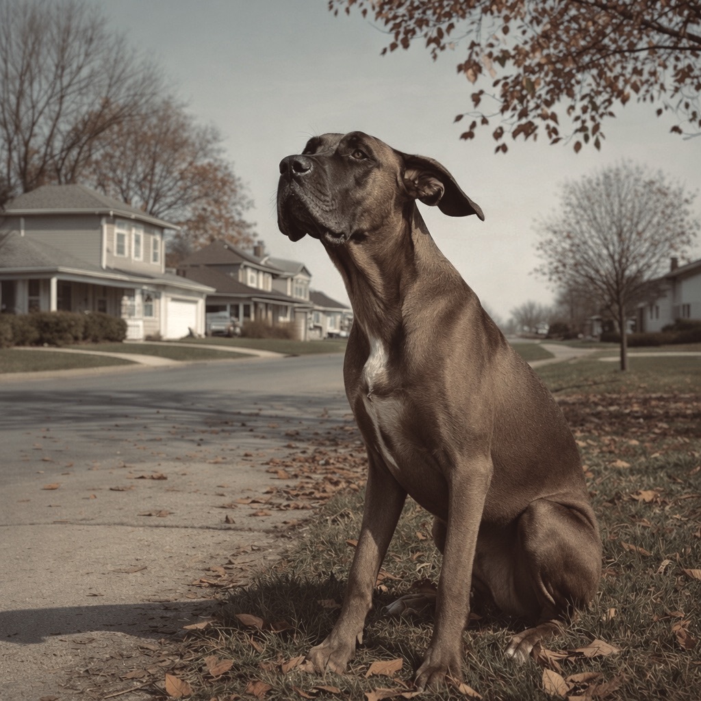 Great Dane sitting outdoors with ears pinned back, a hunched posture, and a fearful, uncomfortable expression on its face, signaling subtle pain.