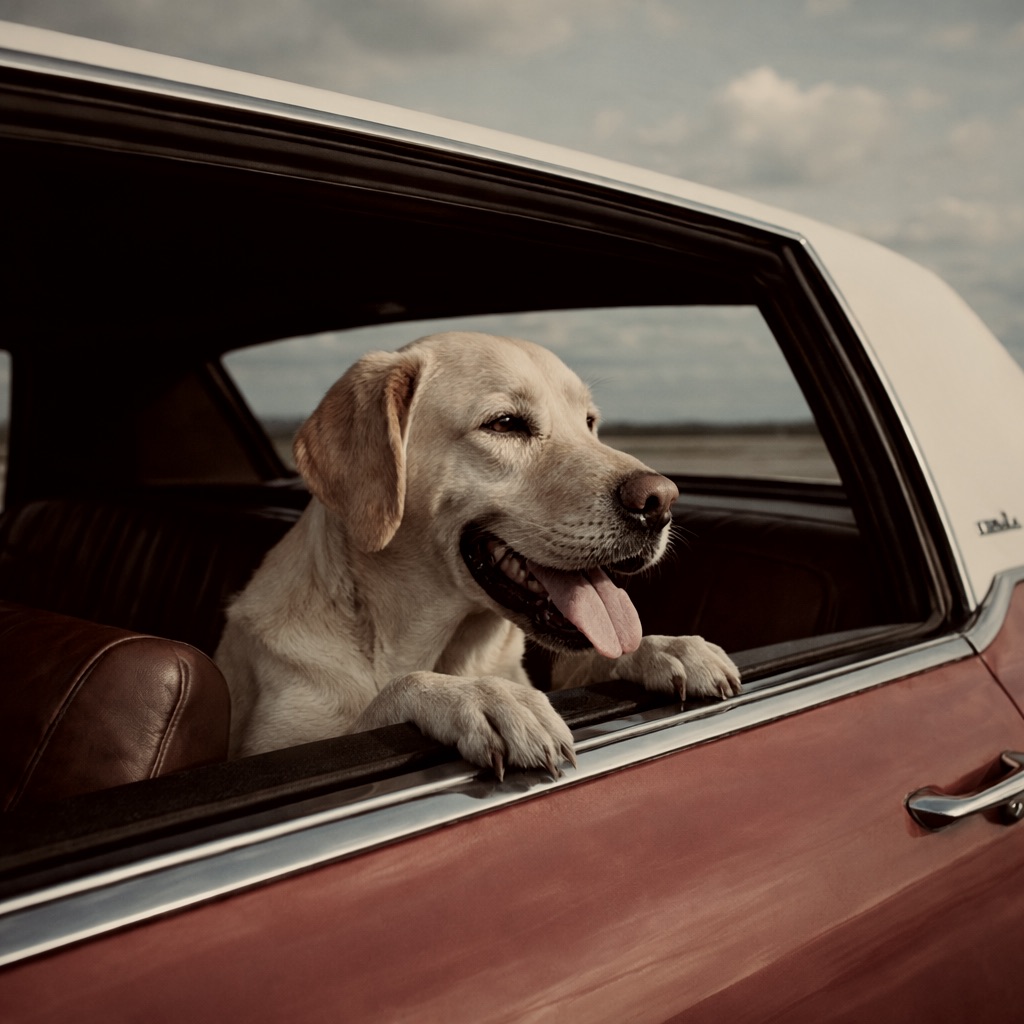 Happy labrador enjoying the breeze out of a vintage red Cadillac window on a hot day.