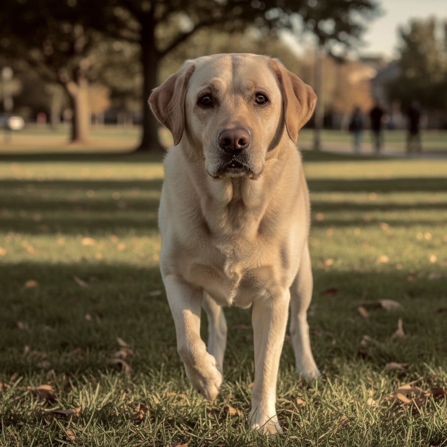 Yellow Labrador Retriever moving stiffly or favoring a hind leg during a slow walk in the park.