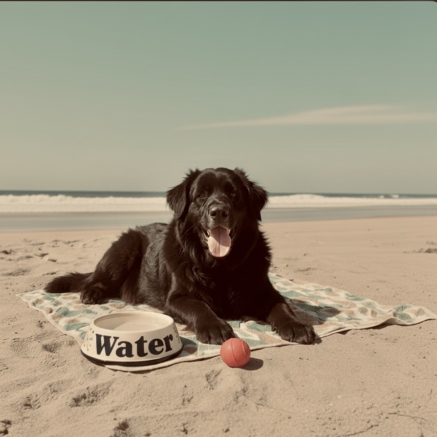 Newfoundland dog with thick black coat panting heavily on a sunny beach, showing signs of being too hot.