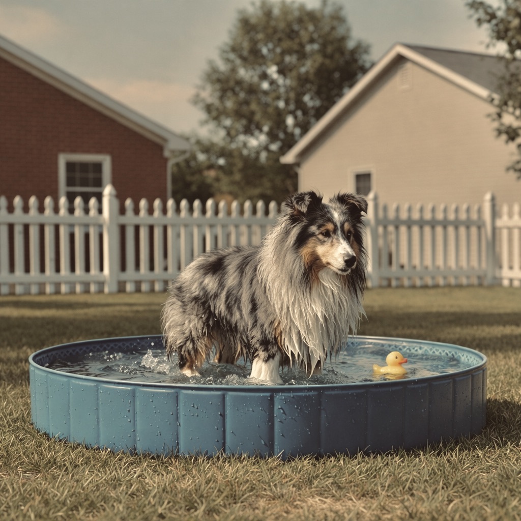 Happy Rough Collie playing in a durable puncture-proof dog pool in the backyard.