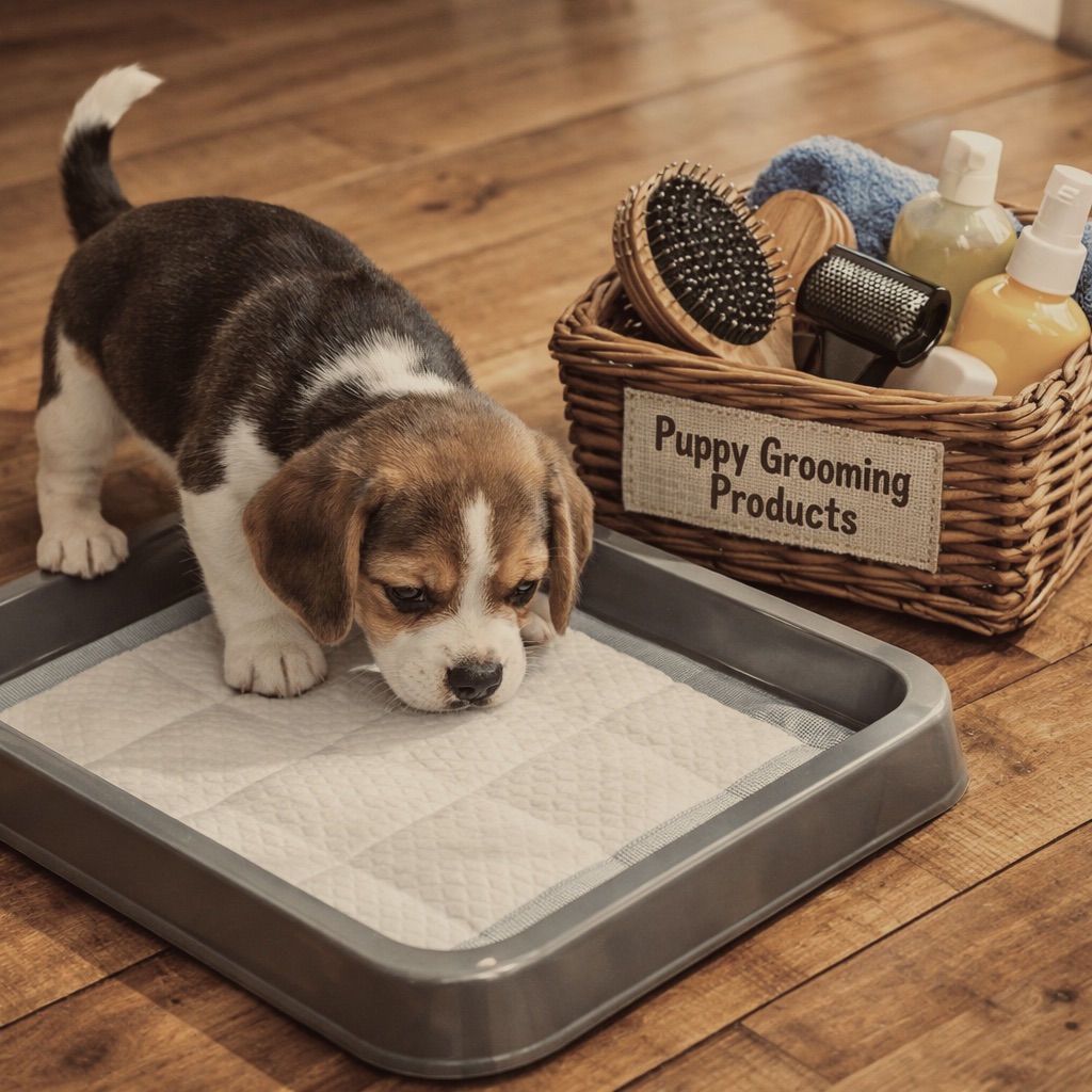 A Beagle puppy on a potty pad next to a grooming kit in a bright, modern living room.