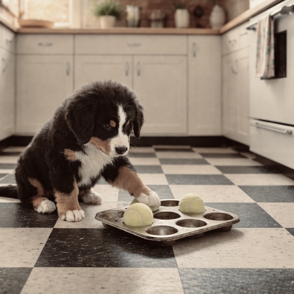 Bernese Mountain Dog puppy solving a DIY mental stimulation puzzle using a muffin tin and tennis balls.