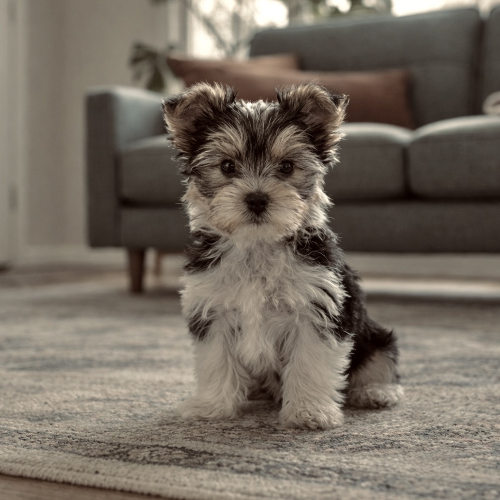 A calm tri-color Biewer Terrier puppy sitting on a rug in a cozy living room, representing a safe and puppy-ready home environment.