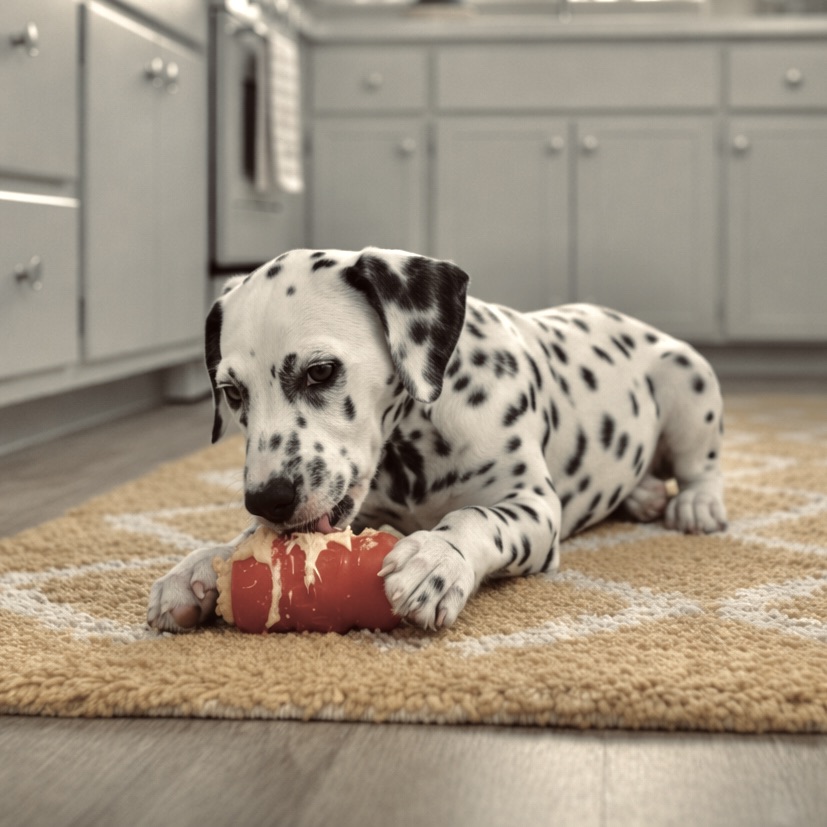 Dalmatian puppy enjoying a frozen treat toy made with dog-safe peanut butter and broth to soothe teething gums.