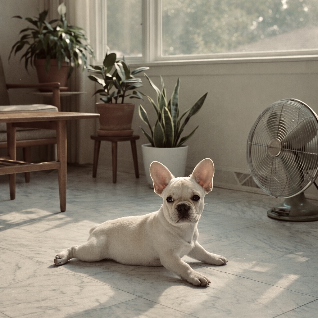 A cream French Bulldog puppy resting on a cool floor to stay comfortable, illustrating the breed's low energy and heat sensitivity.