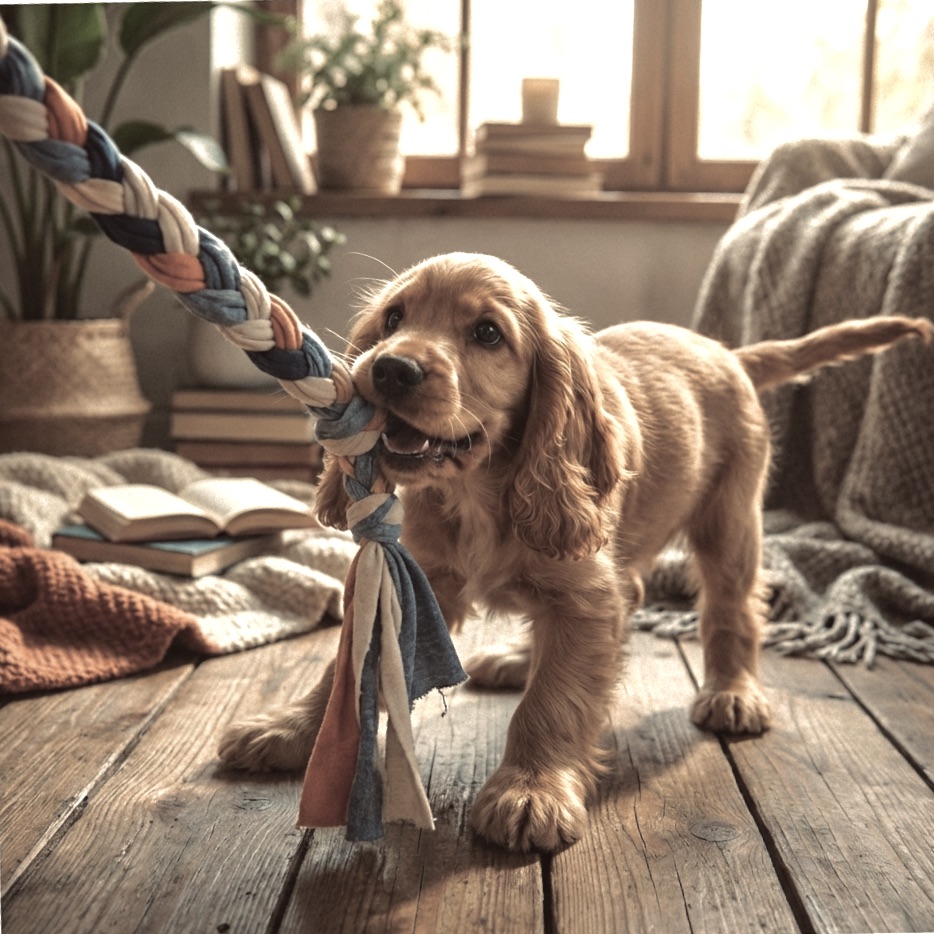 Golden Cocker Spaniel puppy playing with a homemade t-shirt tug toy made from braided cotton fabric on a wooden floor.