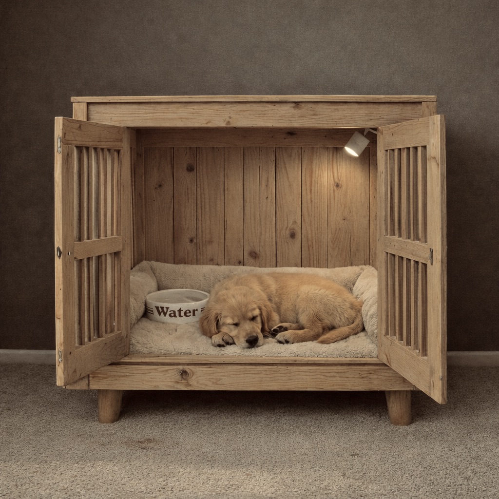 A light-colored Golden Labrador puppy sleeping in a modern wooden furniture-style crate with a soft bed and water bowl.