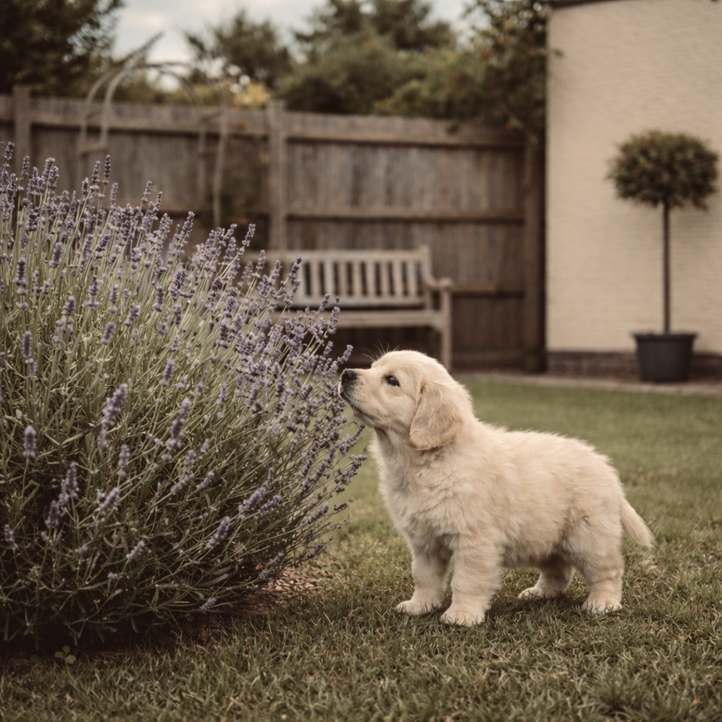 A cream-colored Golden Retriever puppy sniffing a lavender bush in a secure, fenced-in backyard garden with flowers and a patio in the background.