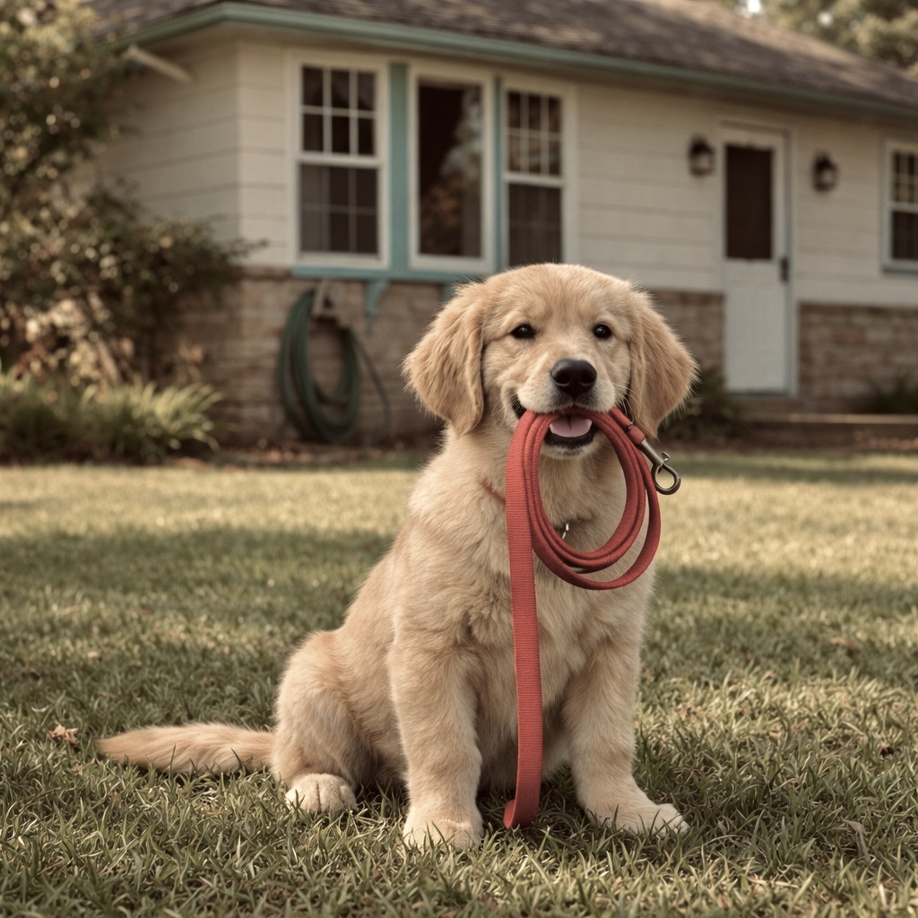 A happy Golden Retriever puppy ready for a walk, symbolizing their social nature and the need for daily exercise.