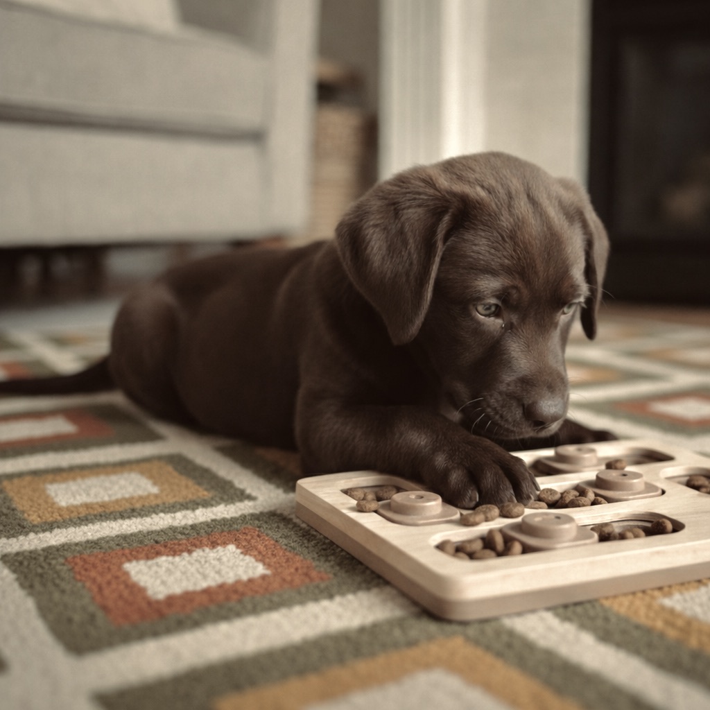 A high-energy chocolate Labrador Retriever puppy using a colorful mental stimulation puzzle feeder to slow down mealtime in a bright indoor setting.