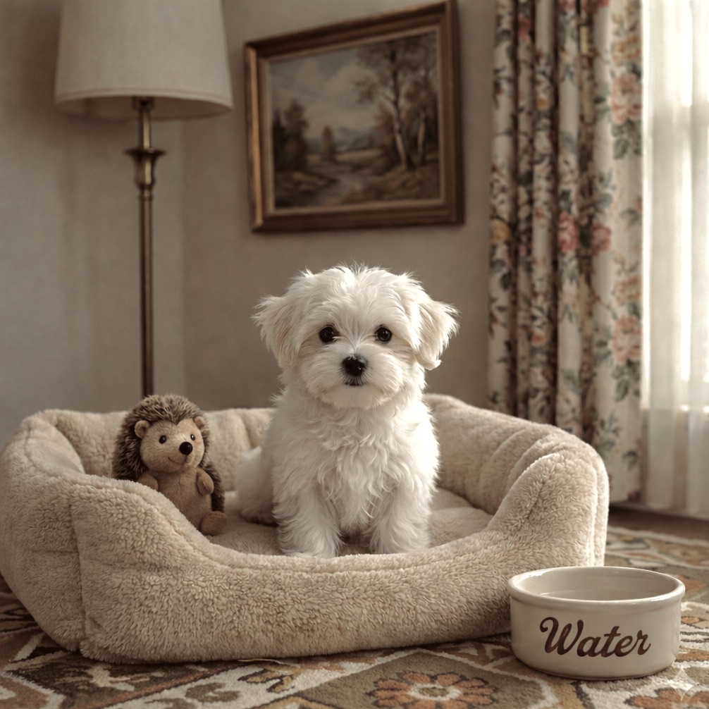 A relaxed Maltese puppy resting in a cozy bed with toys and a water bowl in a puppy-proofed home.