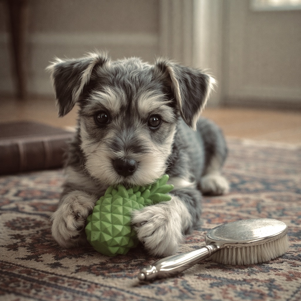 A Mini Schnauzer puppy focusing on a durable chew toy, highlighting the breed's need for dental stimulation and regular grooming.