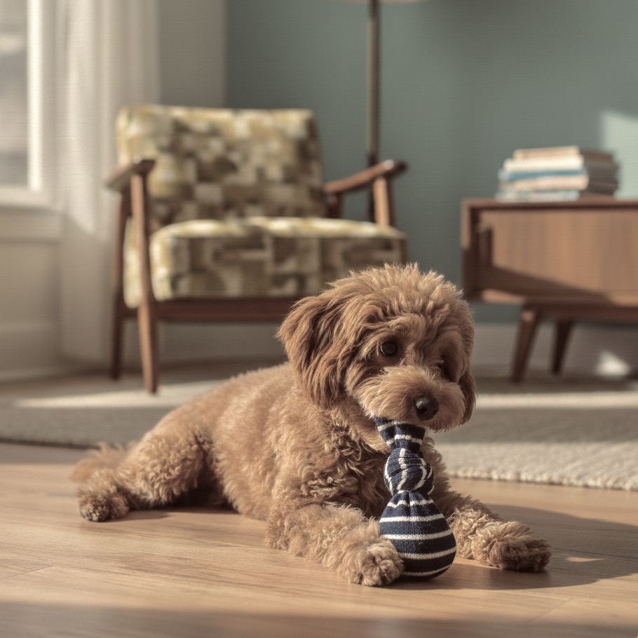 Toy Poodle puppy lying on a wooden floor holding a blue and white striped DIY sock toy with a tennis ball inside.