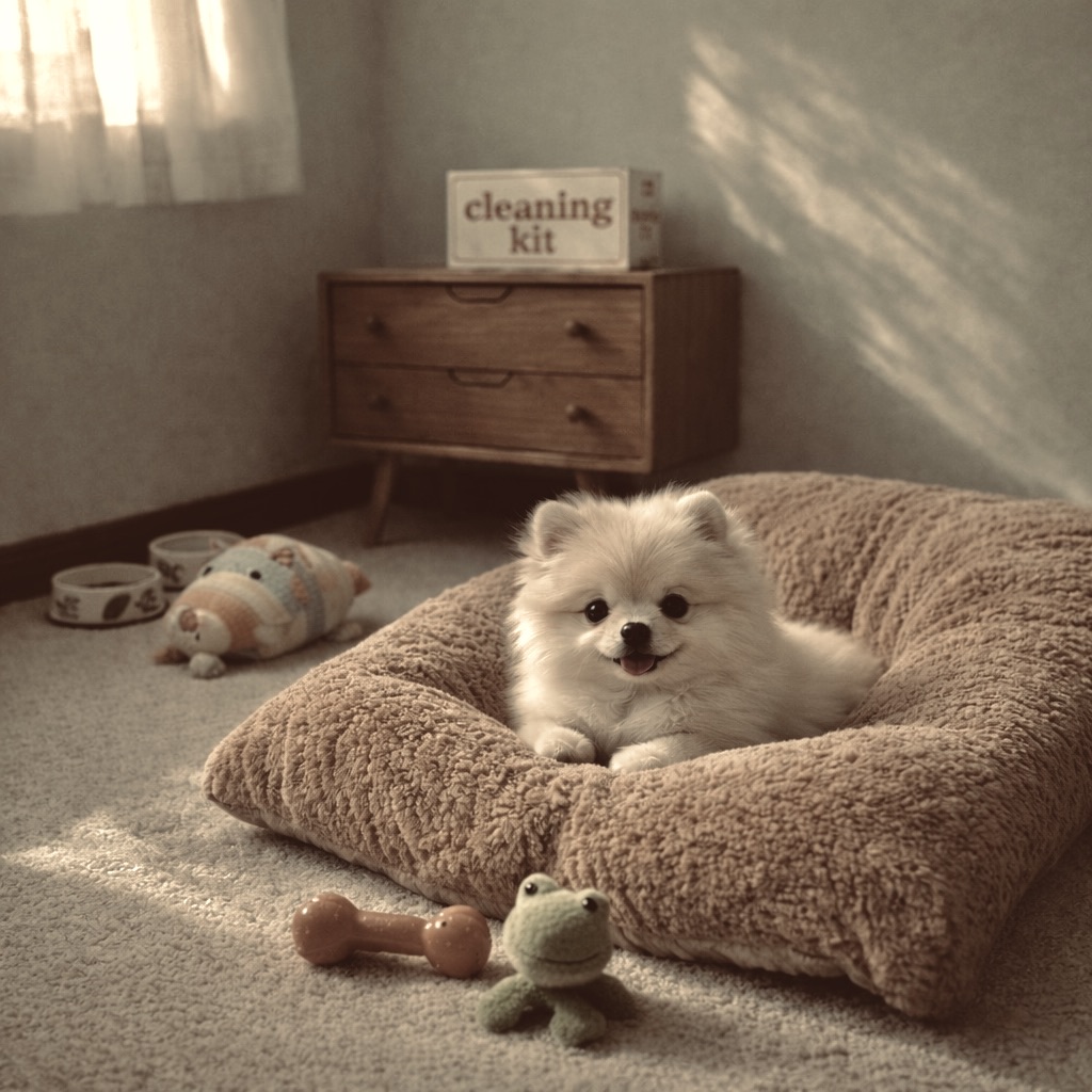 White Pomeranian puppy in a puppy-proofed room with vintage decor.