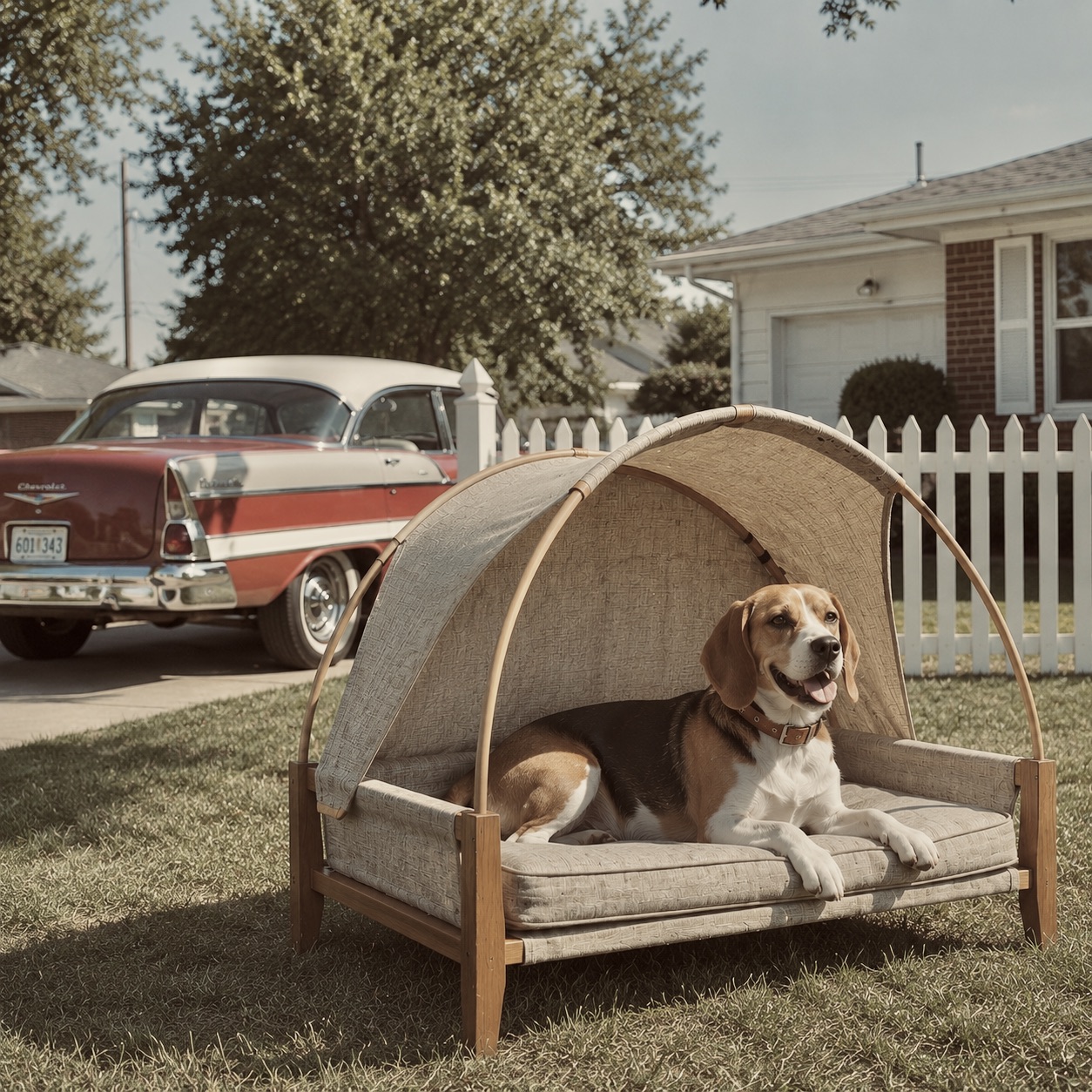 Beagle relaxing on a raised, shaded dog cot with a canopy in a sunny backyard patio.