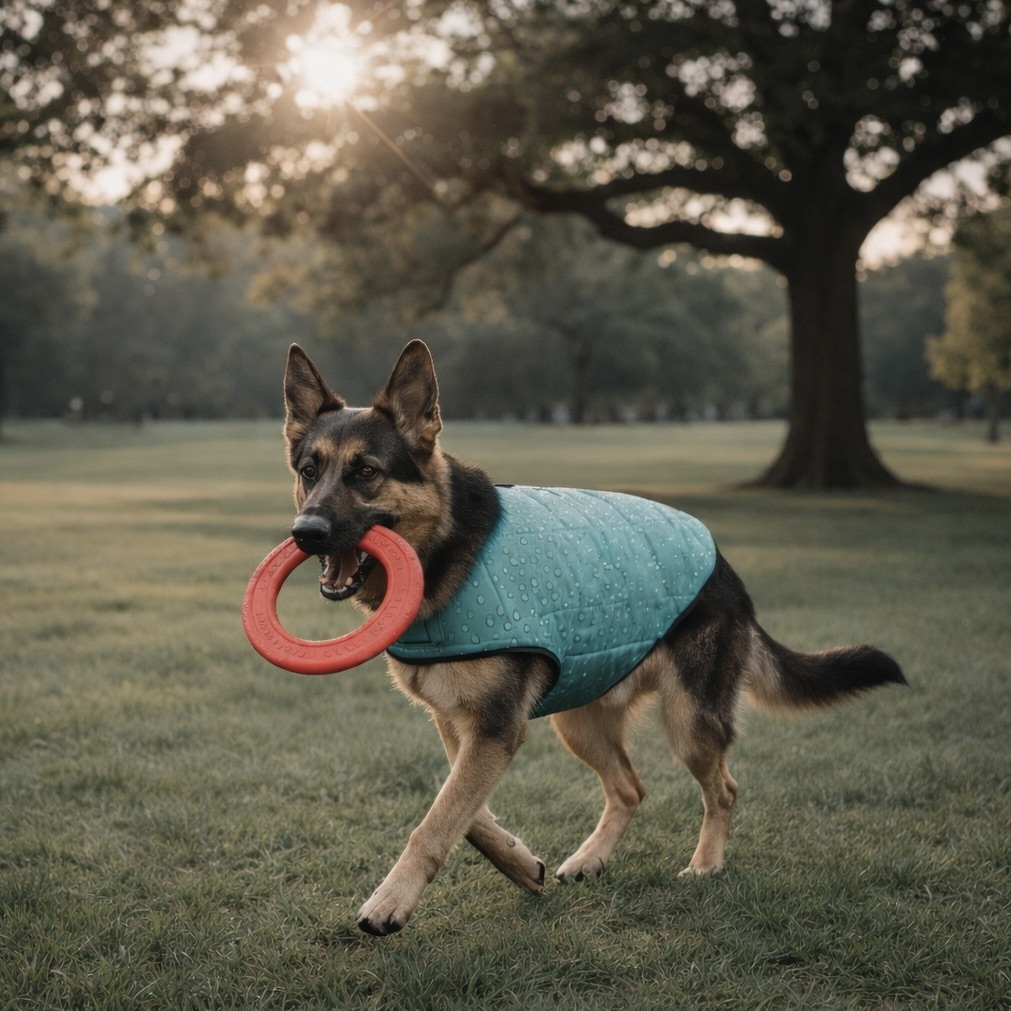 German Shepherd walking on grass wearing a blue cooling vest and carrying a red toy during a summer walk.