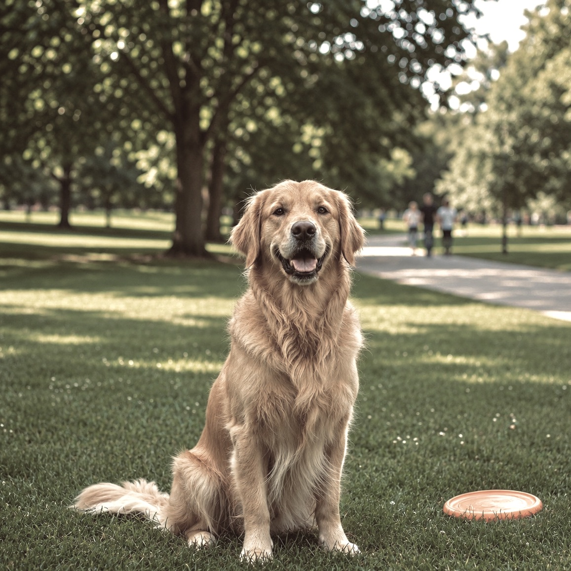 Golden Retriever sitting on grass beside an orange frisbee during a warm summer day in the park.