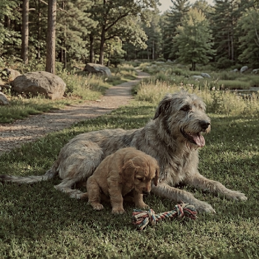 Senior Irish Wolfhound resting beside a young puppy on the grass during a warm summer day.