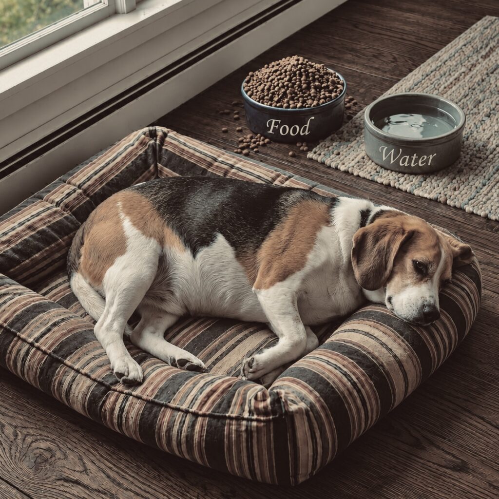 Overweight Beagle resting in a dog bed beside food and water bowls on a warm day.