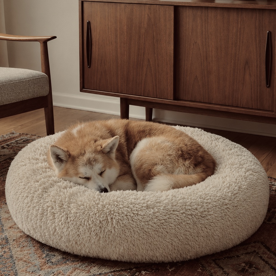 Akita Inu dog resting in a calming donut bed to reduce anxiety and stress.