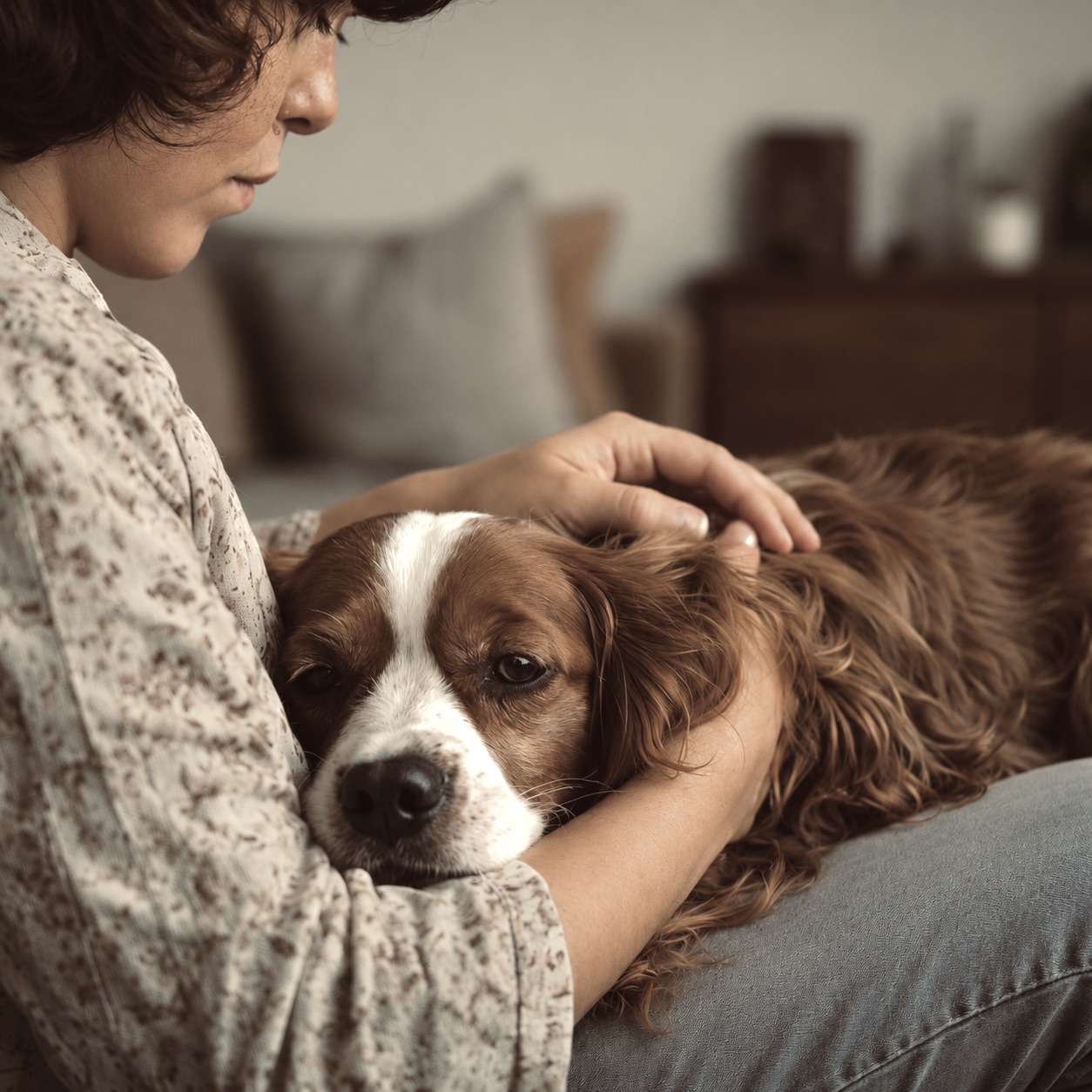 Cocker Spaniel lying on its owner's lap and looking away sadly while being stroked, a common sign of seeking comfort despite being in pain.