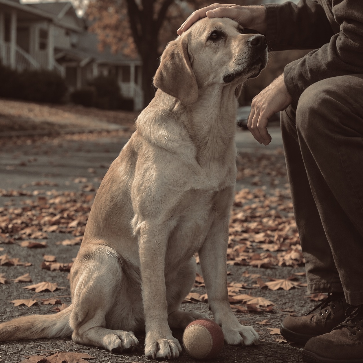 Labrador Retriever sitting outdoors while its owner gently strokes its head, looking away with a subdued expression.