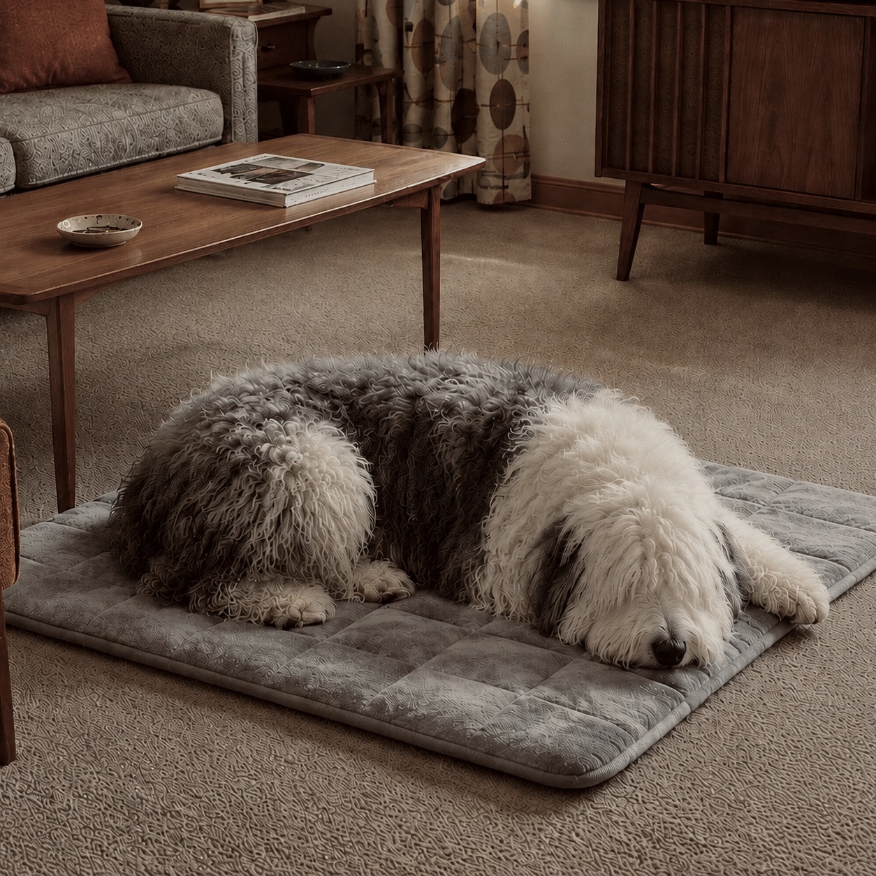 Senior Old English Sheepdog relaxing on a pressure-activated warming mat for joint comfort.