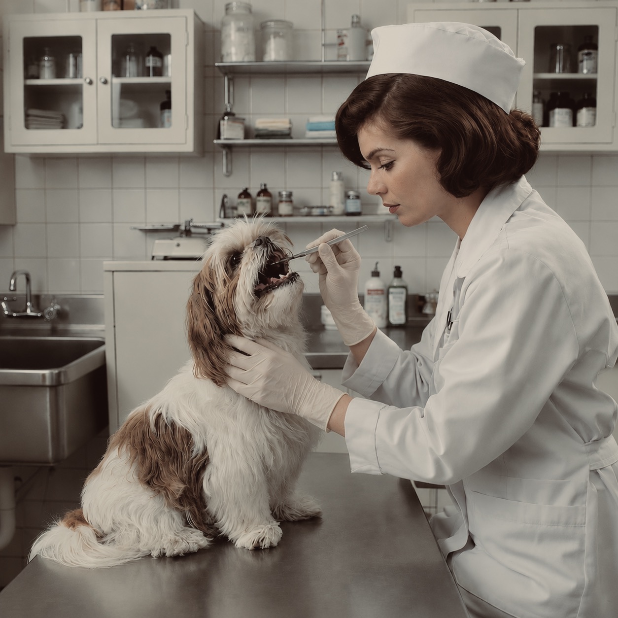 Veterinarian examining a Shih Tzu's open mouth during a dental checkup while the dog sits calmly on an exam table.