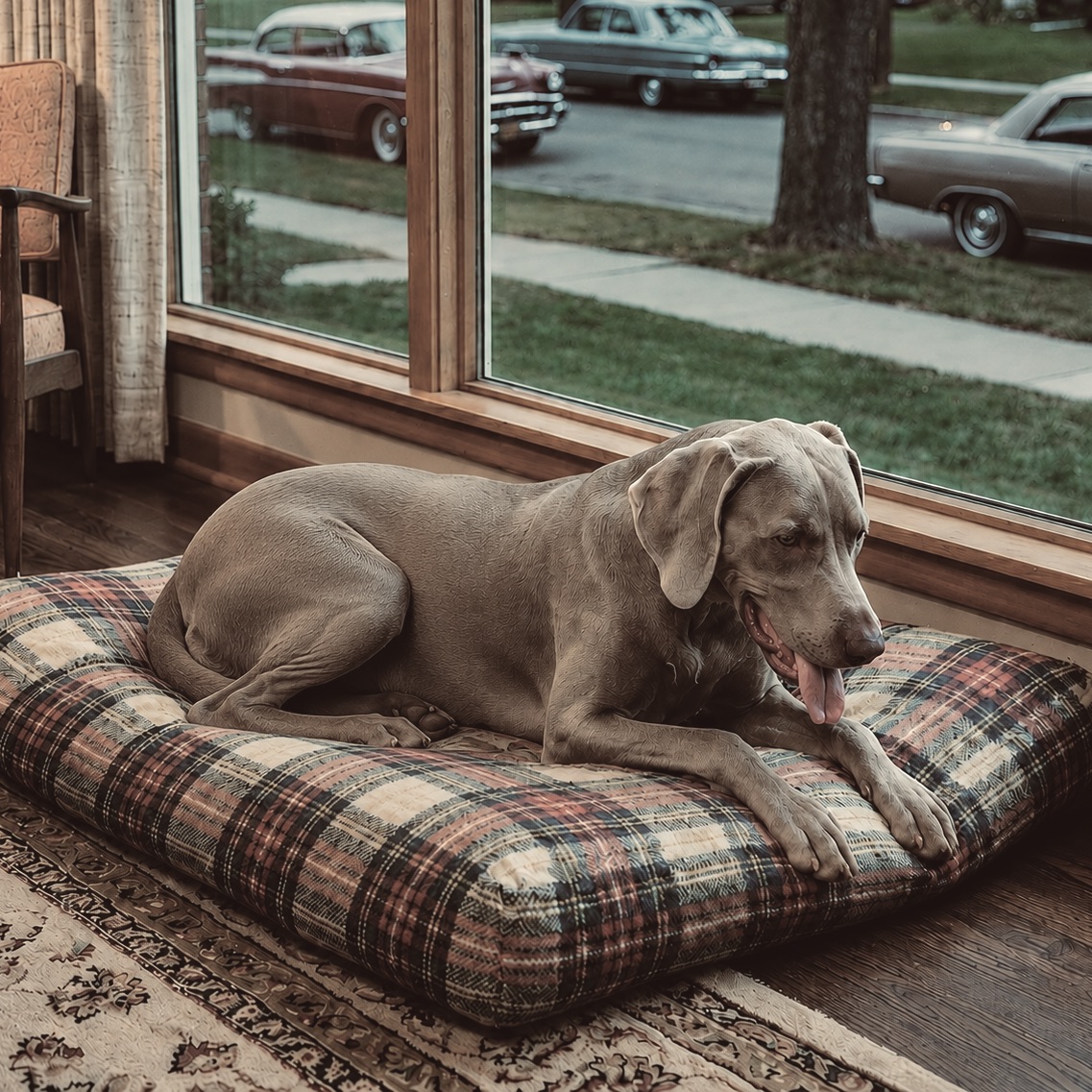 Weimaraner lying on a dog bed indoors with its mouth open and tongue out, appearing unable to fully relax while resting.
