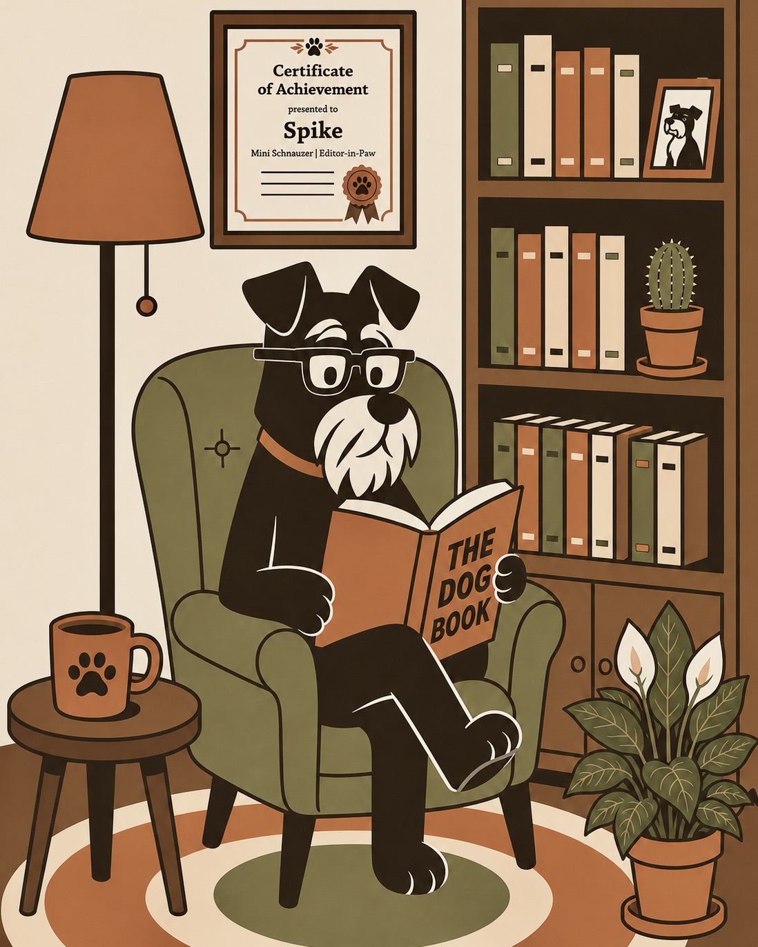 Pawditor Spike, a Mini Schnauzer mascot, sitting in a green mid-century armchair and reading The Dog Book in a cozy office.